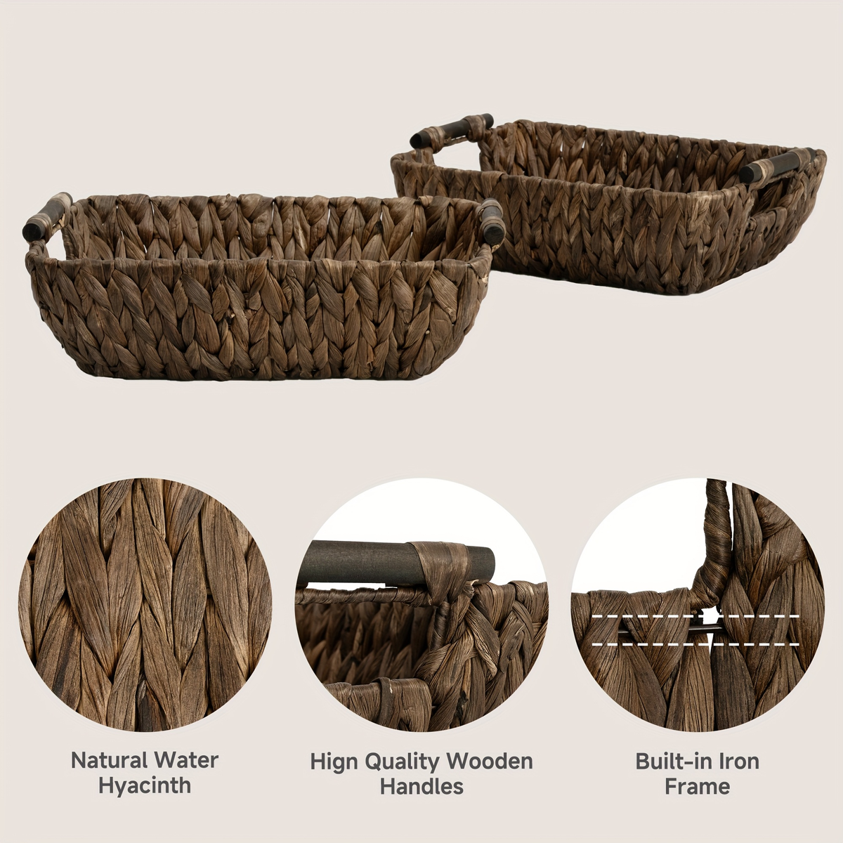 Water Hyacinth Woven Storage Baskets 2-Pack with Wooden Handles in Natural Seagrass Options — image 8