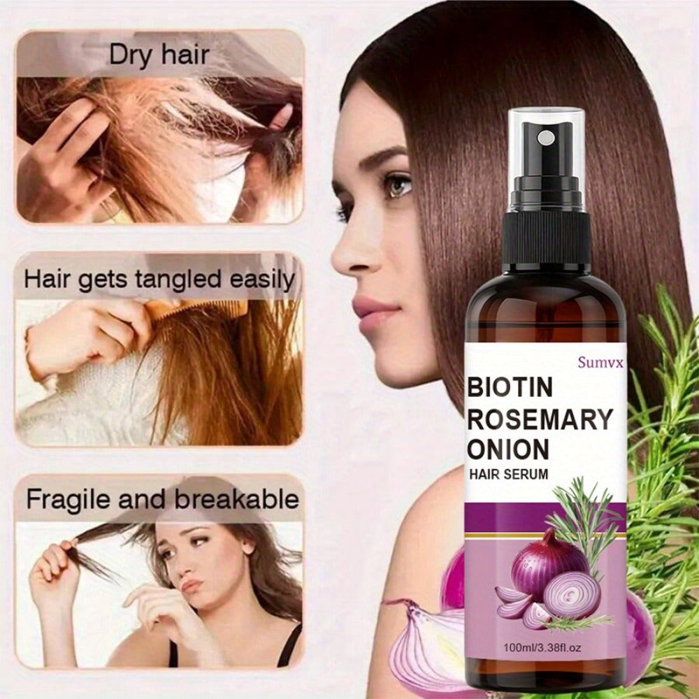 Biotin Rosemary & Onion Oil Hair Growth Serum Spray 100ml – Leave-In Treatment for Damaged Brittle Hair, Reduces Breakage & F