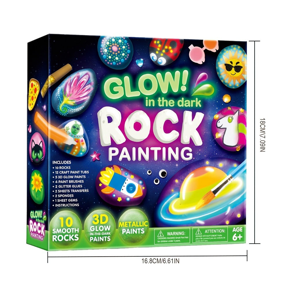 Glow Rock Painting Craft Kit with 10 Rocks, Paints, Brushes, Gems and Stickers in One- or Two-Pack Options — image 2