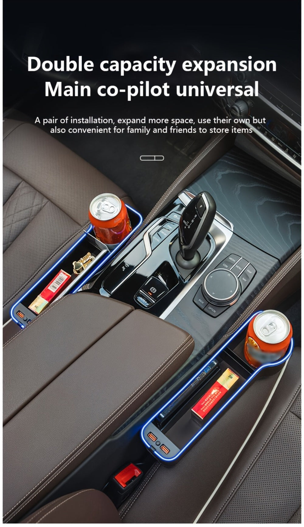 Black Lighted Seat-Gap Car Organizer with Phone Slot, USB Ports and Driver, Passenger or Pair Options — image 17