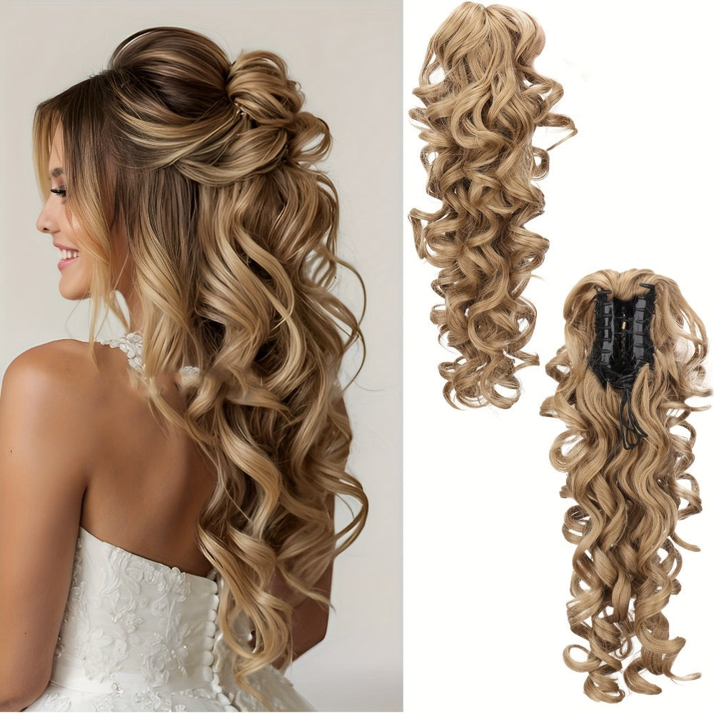 Scroll Curl Claw Clip Ponytail Extension Gradient Color 16 Inch | Synthetic Heat Resistant Hairpiece 5 Colors Linen Brown Gol