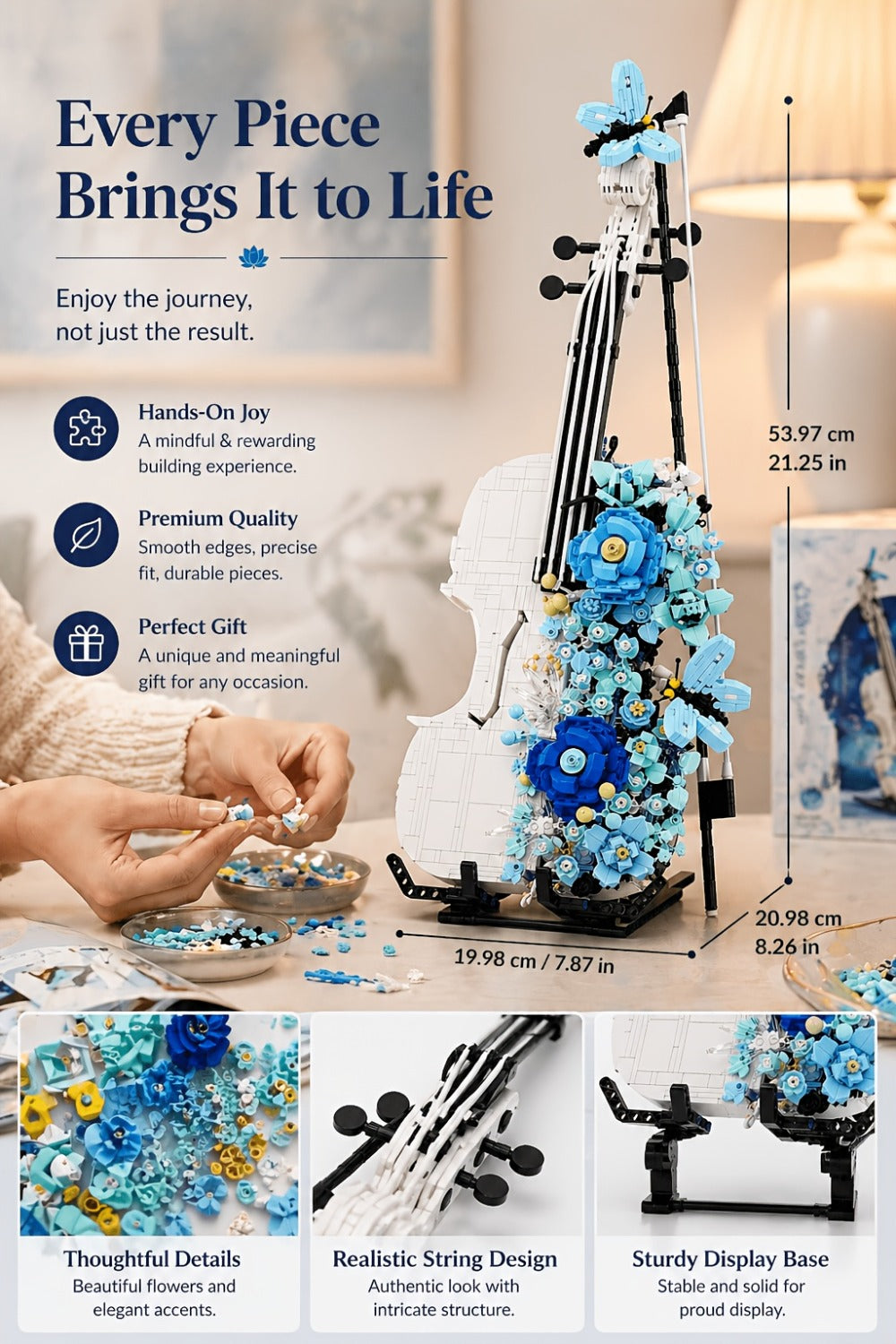 1419-Piece Flower Violin Building Block Model with Brick-Built Stand, Blue Blooms and Panel Detail — image 16