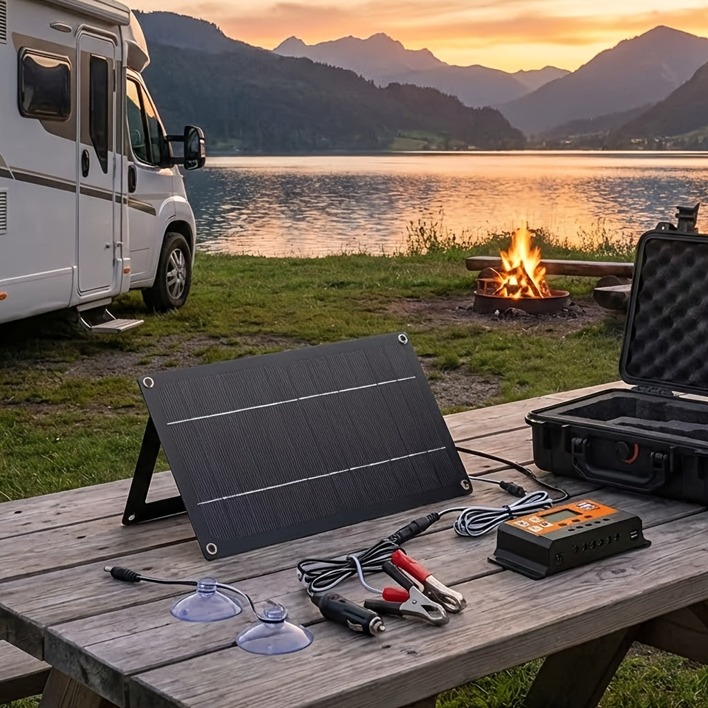 Solar Panel Kit with Charge Controller, Extension Cord & Battery Clamps – Universal Off-Grid Power for RV, Boat, Motorcycle —