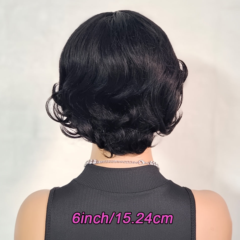 Pixie Cut Wig Human Hair with Bangs Glueless Short Brazilian Layered Machine Made Throw-On-and-Go Hairpiece Natural Black 1B 