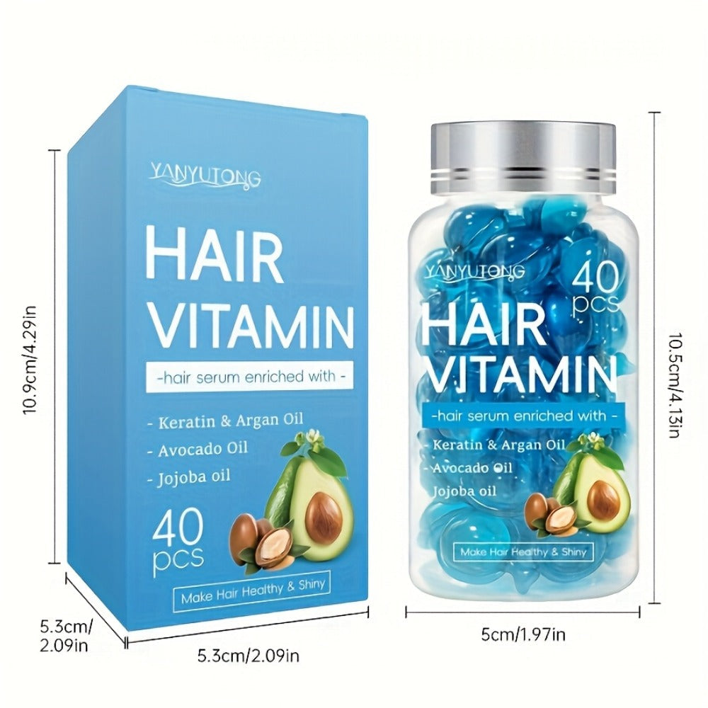 Hair Oil Capsules 40pcs – Keratin Hair Vitamin Essence with Moroccan Argan Oil, Avocado Oil & Jojoba Oil | No-Rinse Deep Nour