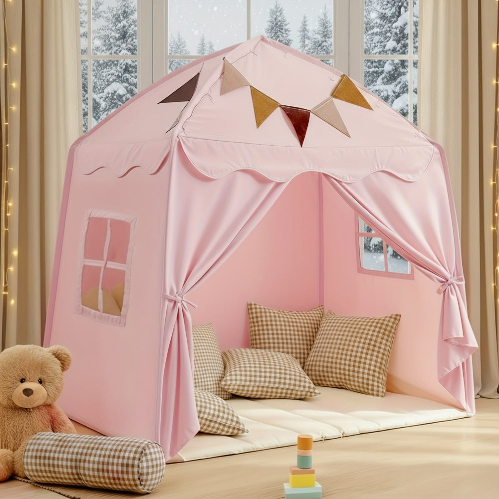 Kids Play Tent with Star Lights & Flags, Extra Large Indoor Outdoor Playhouse with Windows for Reading & Pretend Play — image