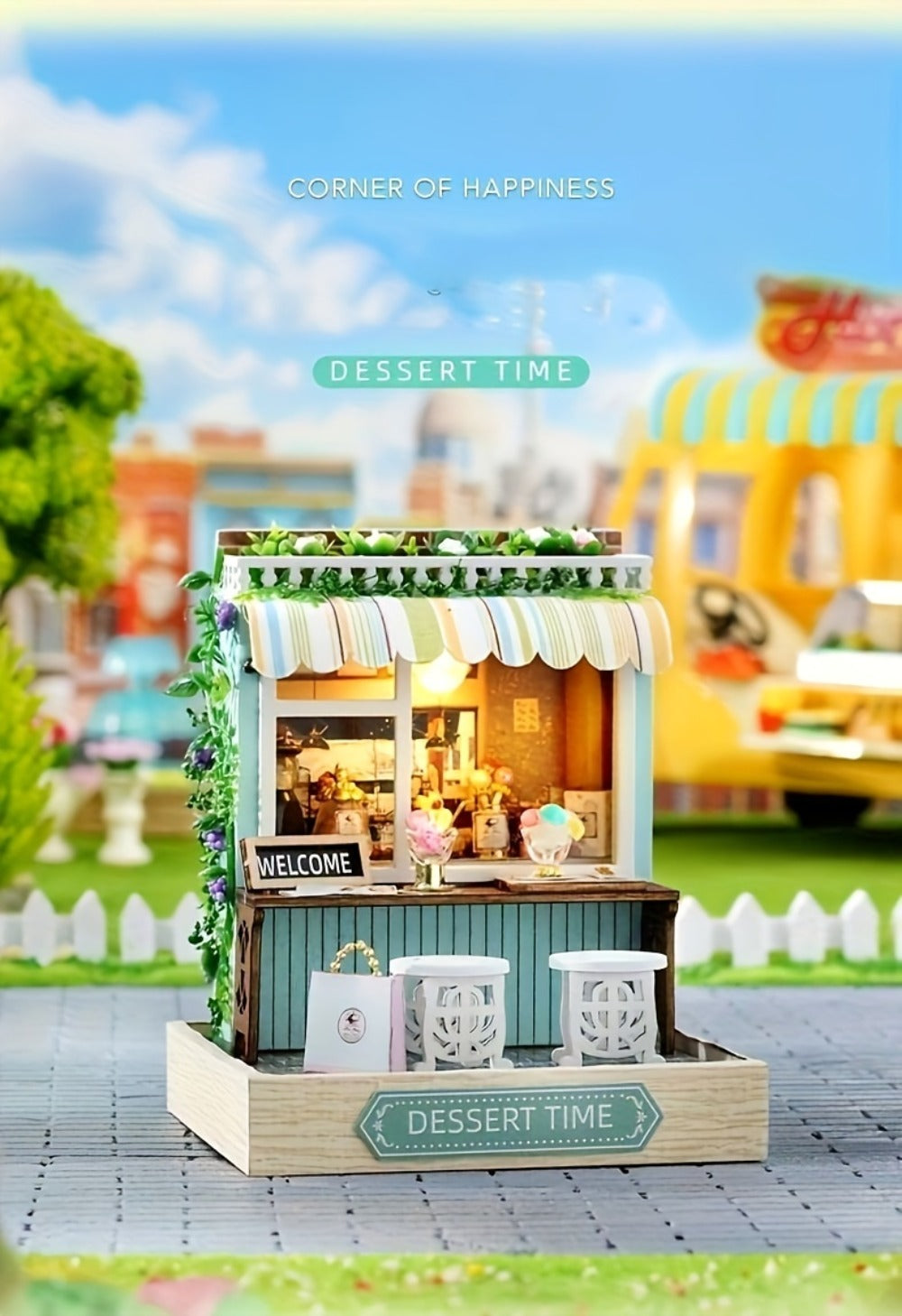 DIY Wooden Tiny House Kit with Dust Cover, Handmade Miniature Dollhouse Puzzle, 3 Themes Afternoon Tea Rotating Food House Mo