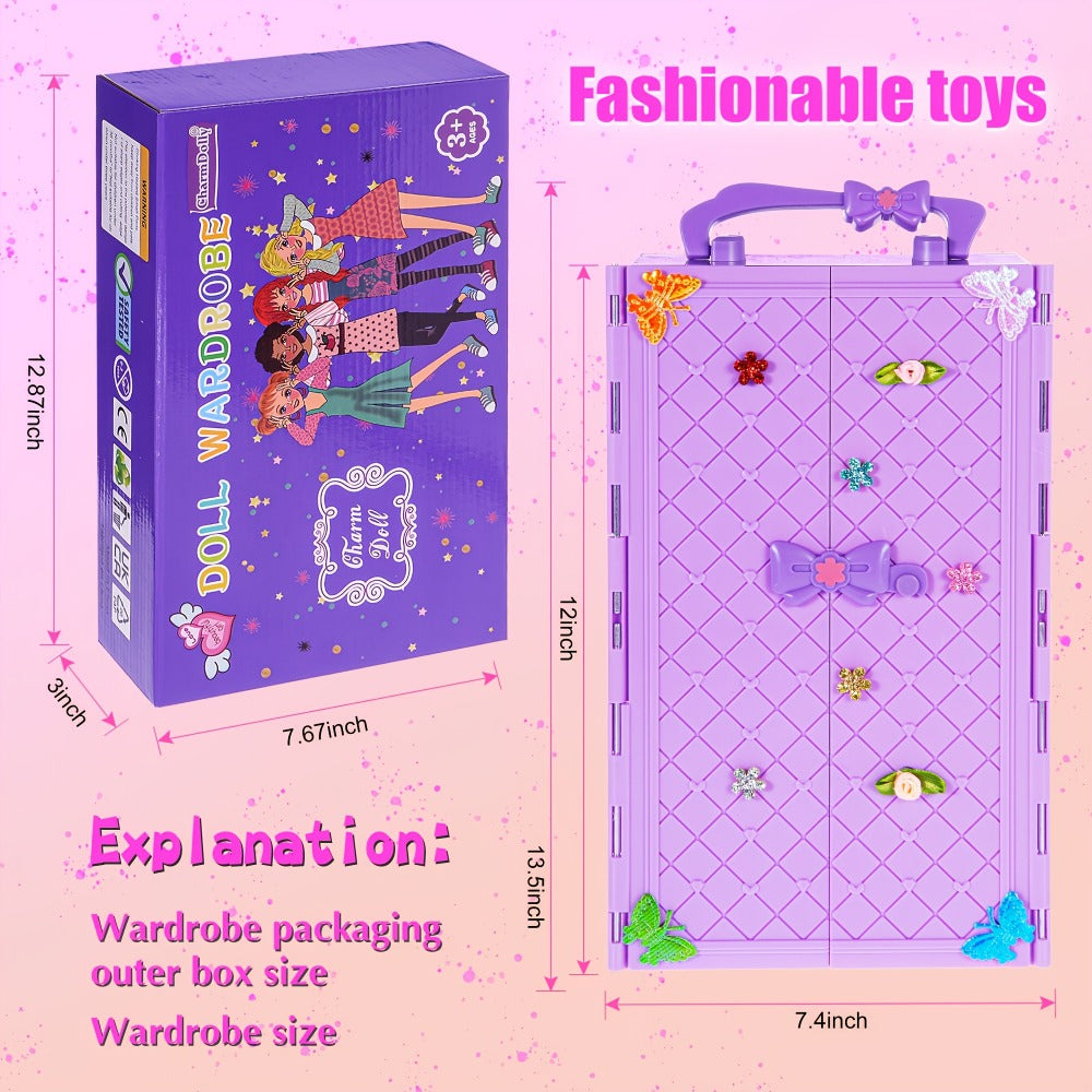 Doll Closet Playset 108 Piece with 11.5 Inch Fashion Doll Purple Wardrobe Wedding Gowns Shoes Handbags Crowns & Accessories —