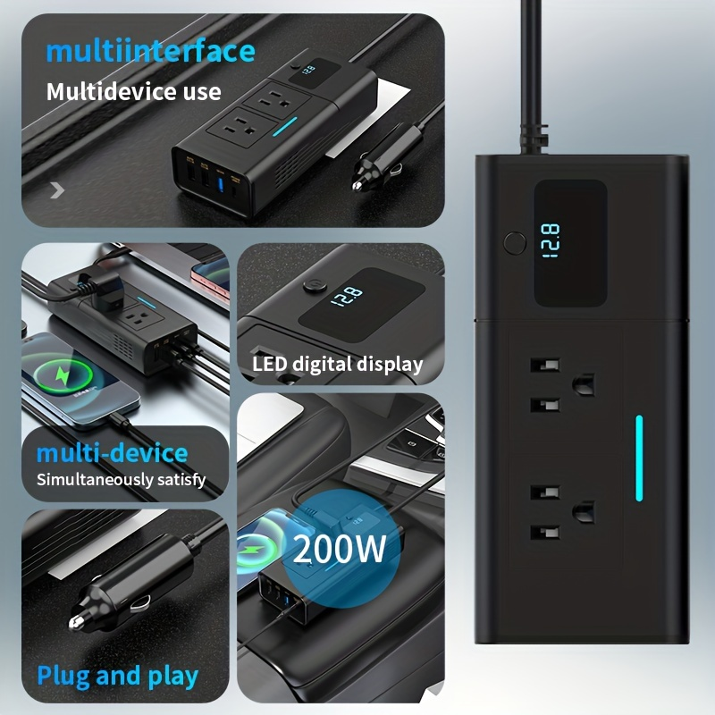 Black 200W Elongated Car Power Inverter Hub with Multiple 110V AC Outlets, USB Ports and Display — image 6