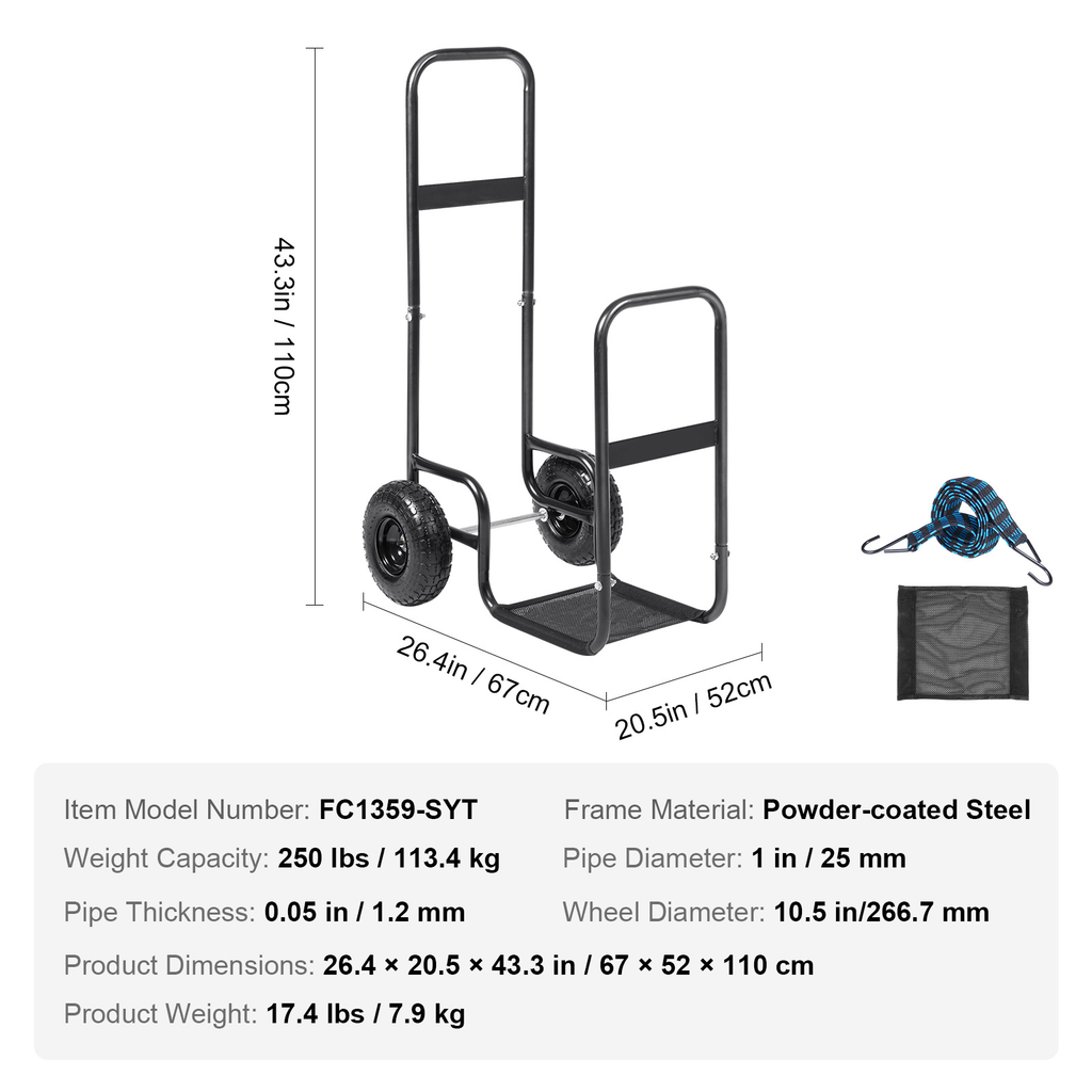 Firewood Log Cart, Carbon Steel Wood Carrier with Pneumatic Rubber Wheels for Garden, Patio and Yard Use — image 7