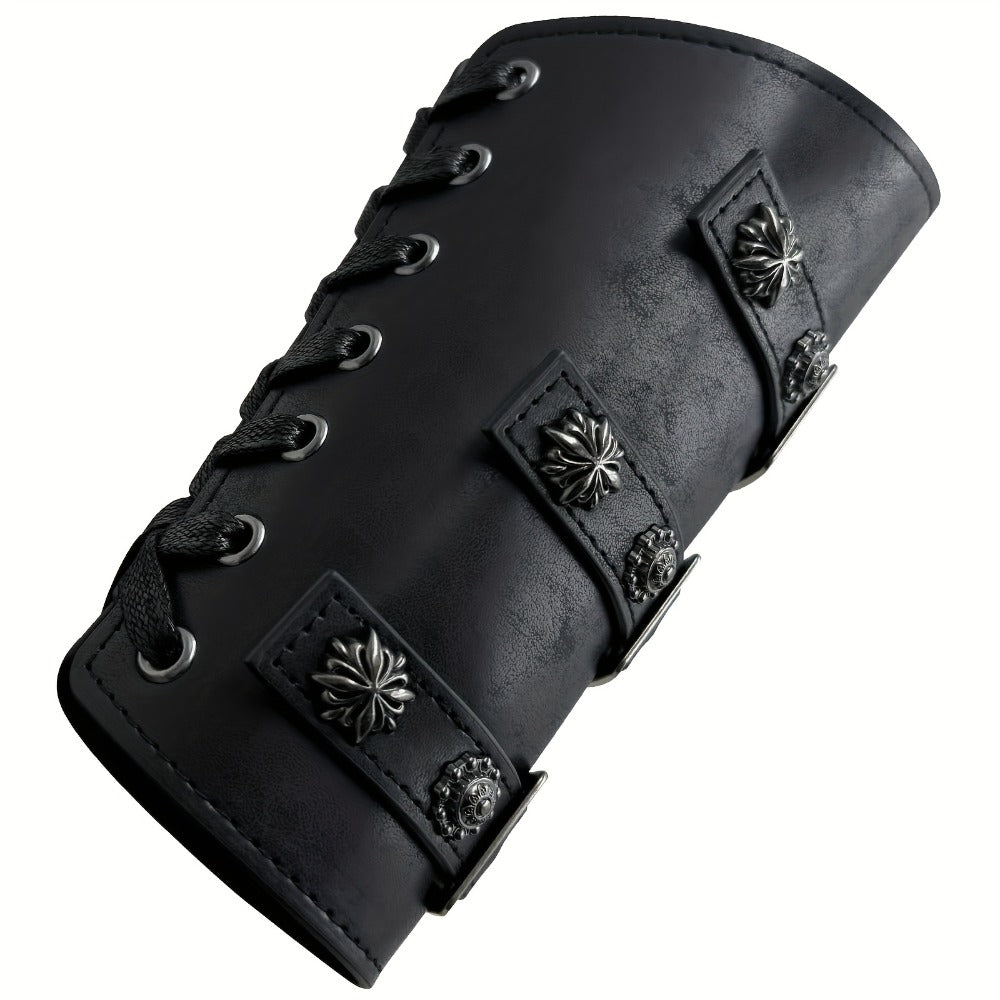 Viking Medieval Leather Arm Guards Bracers – PU Leather Knight Gauntlets Adjustable Metal Buckles Rivets for Men Women Hallow