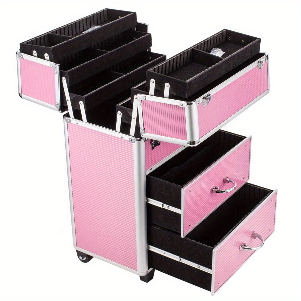 Pink Four-Tier Rolling Makeup Train Case with Fold-Out Top Trays, Two Drawers and Telescoping Handle — image 5