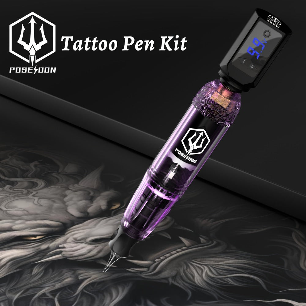 Tattoo Machine Kit POSEIDON TK039 Cordless Rotary Pen with LED Display, 20 Cartridges, 10 Inks and Practice Supplies — image 