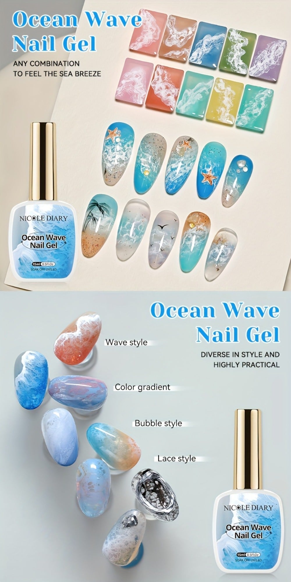 Gel Nail Polish NICOLE DIARY 2-Piece Watercolor and Ocean-Wave Set with Two 15ml Bottles for DIY Art — image 13