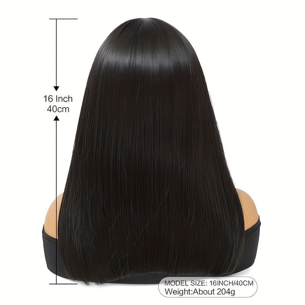 Synthetic Wig 16-Inch Black Straight Blunt Bob with Bangs, 180% Density and Rose Net Cap for Office Wear — image 6