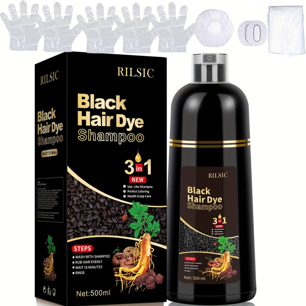 Grey Hair Dye Shampoo 3-in-1 Natural Plant-Based Herbal Formula – Non-Stick Scalp, Covers White Hair in Minutes, 500ml – Blac