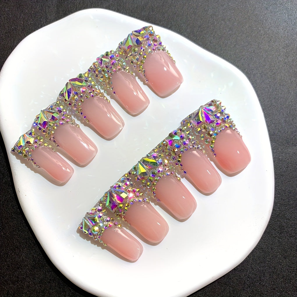 Press On Nails 10-Piece Long Duckbill Set with Nude French Tips, AB Diamond Finish and Nail Tools — image 15