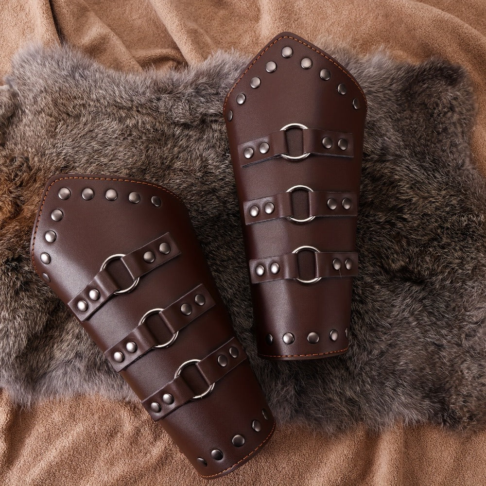 Medieval Arm Bracers 2pcs PU Leather Gauntlet Wristbands for Men, Renaissance Knight Warrior Viking Cosplay Costume Prop for 