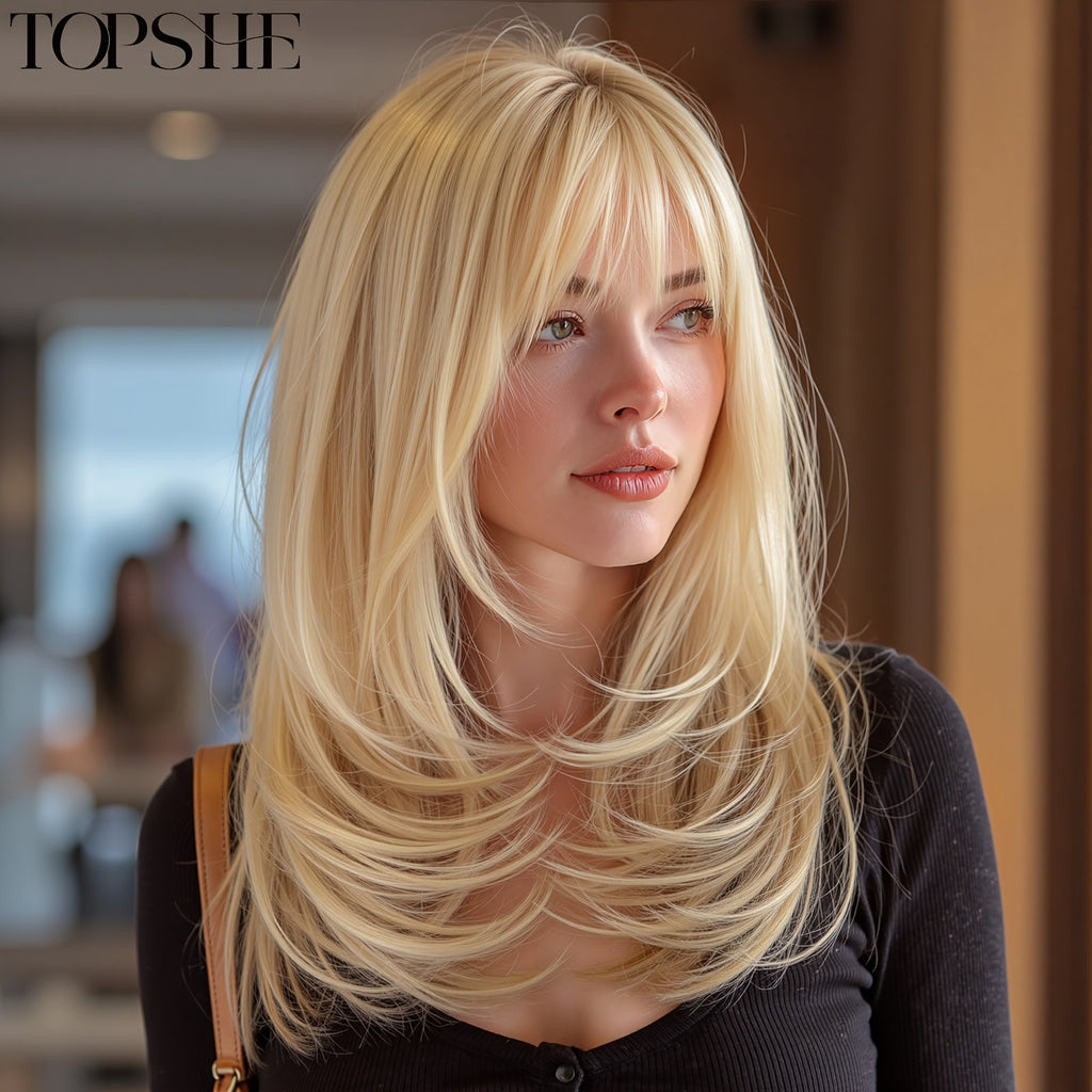 Synthetic Wig 14-Inch Golden Layered Straight Style with Full Bangs and Glueless Rose Net Cap — image 9
