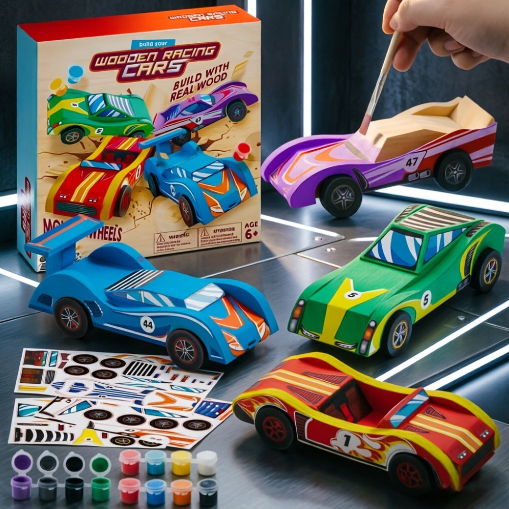 DIY Wooden Race Cars 4pcs Build & Paint Kit for Kids Ages 8+, 44 Pre-Cut Pieces 12 Colors Racing Stickers — image 3