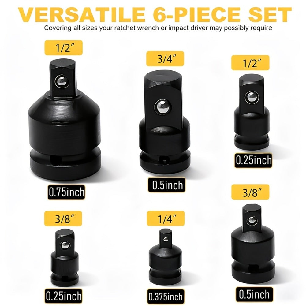 Impact Adapter & Reducer Set 6-Piece – 1/4" 3/8" 1/2" 3/4" Female-to-Male Air Square Drive Conversion Tool | Chrome Molybdenu