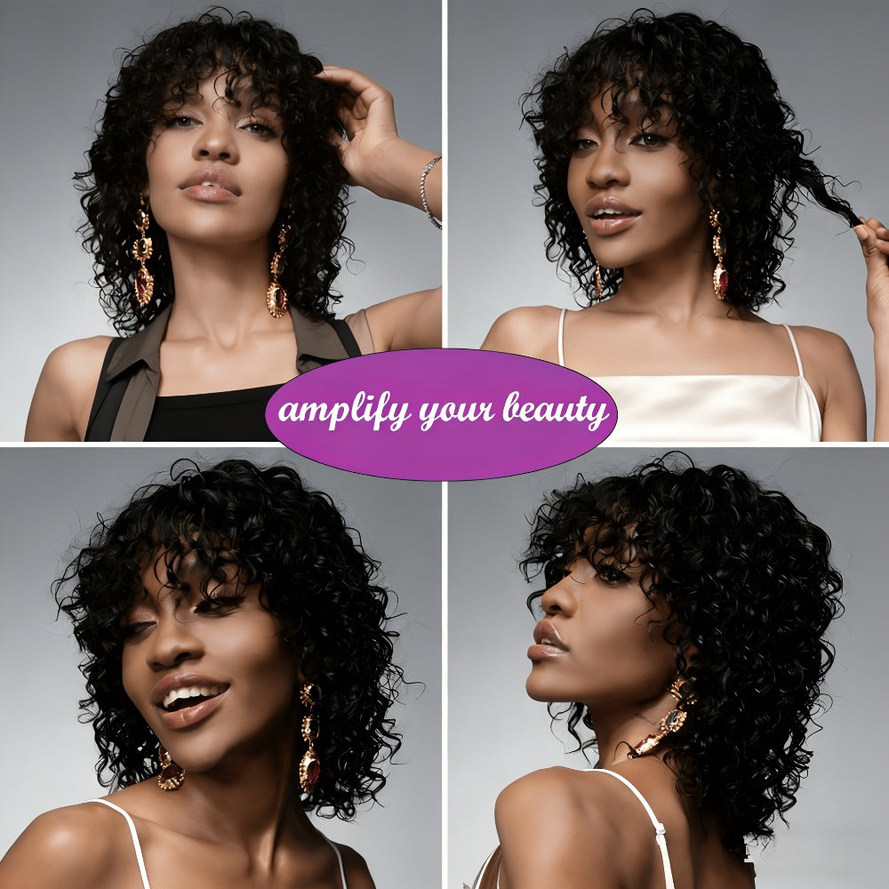 Wavy Elf-Cut Human Hair Wig with Bangs, Rose Mesh Cap and Black 10-Inch Layered Short-Hair Style — image 5