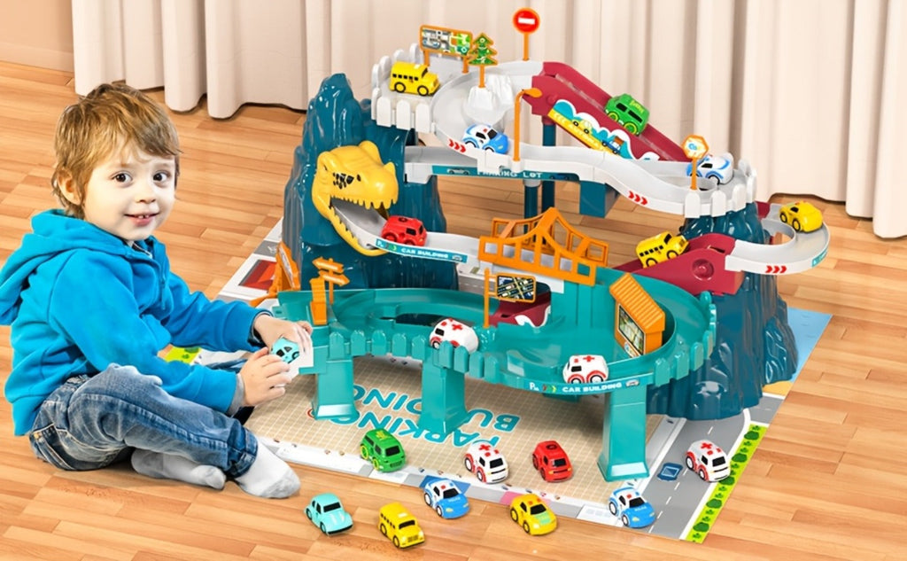 Dinosaur Race Track Toy Set for Kids with 10 Mini Cars & Ramp Launcher with the Listed Color, Size or Set Options for Everyda