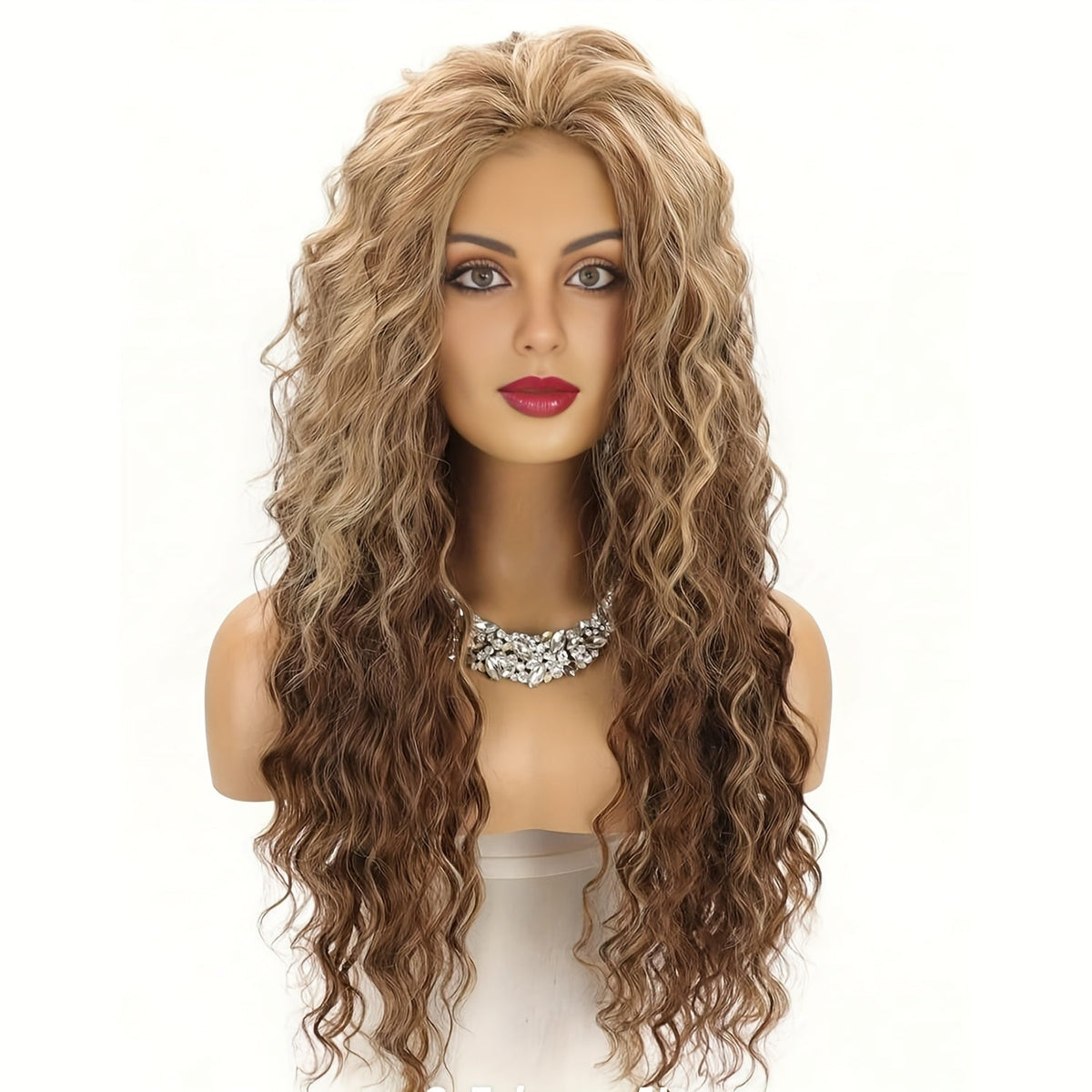 Synthetic Wig 30-Inch Long Curly Waves with Dark Roots, Middle Part and Three Ombre Colors — image 10