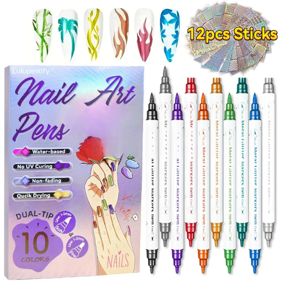 Nail Art Pens Set 10 Metallic Colors with 12pcs Nail Stickers – Dual-Headed 3D Acrylic Polish Markers for Doodle Dot Line Sti
