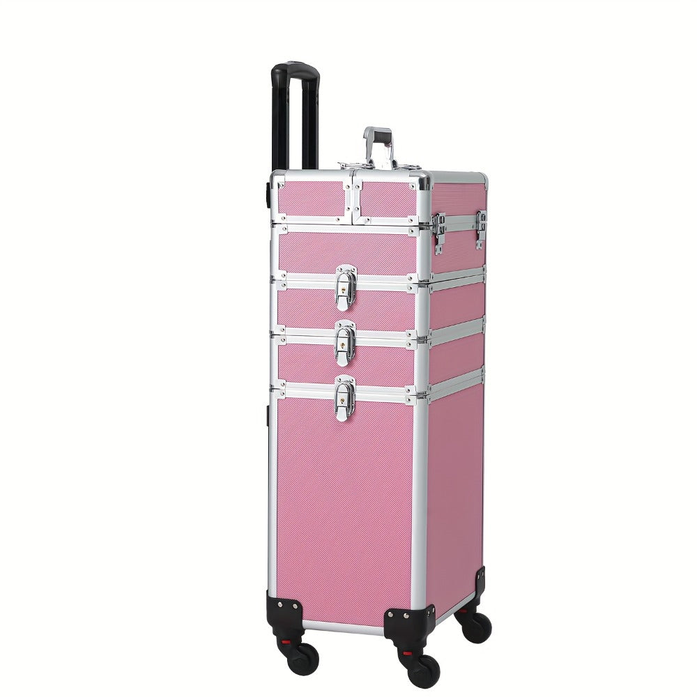 Rolling Makeup Case Aluminum 4-in-1 Extra Large Professional Cosmetic Trolley with 360° Swivel Wheels for Makeup Artist Tatto