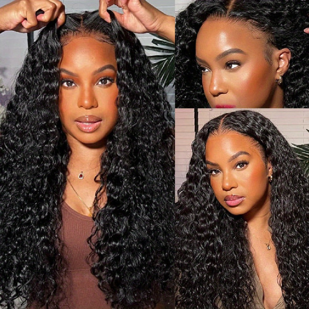 Lace Front Wig Deep Wave Human Hair, 28- or 34-Inch Natural Black with 13x4 HD Front and 250% Density — image 3