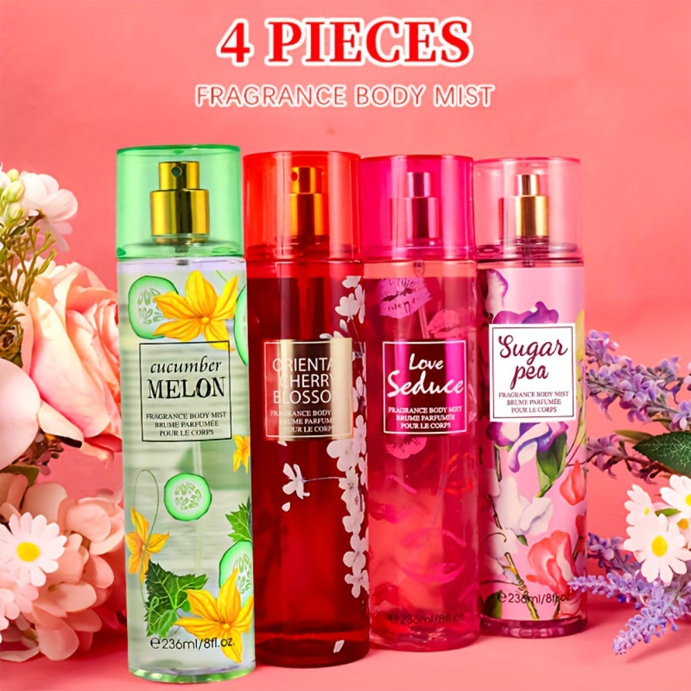 Body Spray for Women 4-Pack 8.4oz Each Hair Body Fragrance Mist Set 20 Floral Fruity Scents Daily Use Gift Value Bundle 250ml