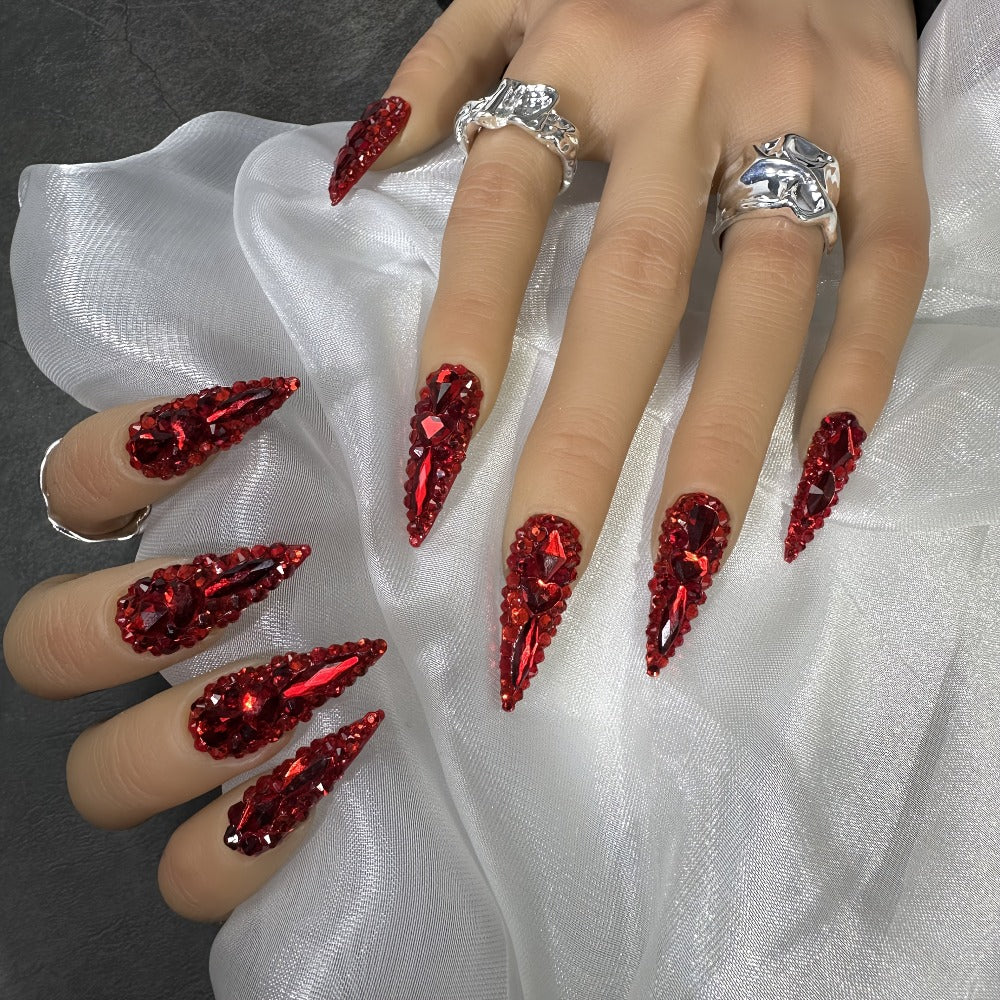 Press On Nails 10-Piece Long Water-Drop Set with Red Glass Glitter and Removable Self-Adhesive Gel Tabs — image 9