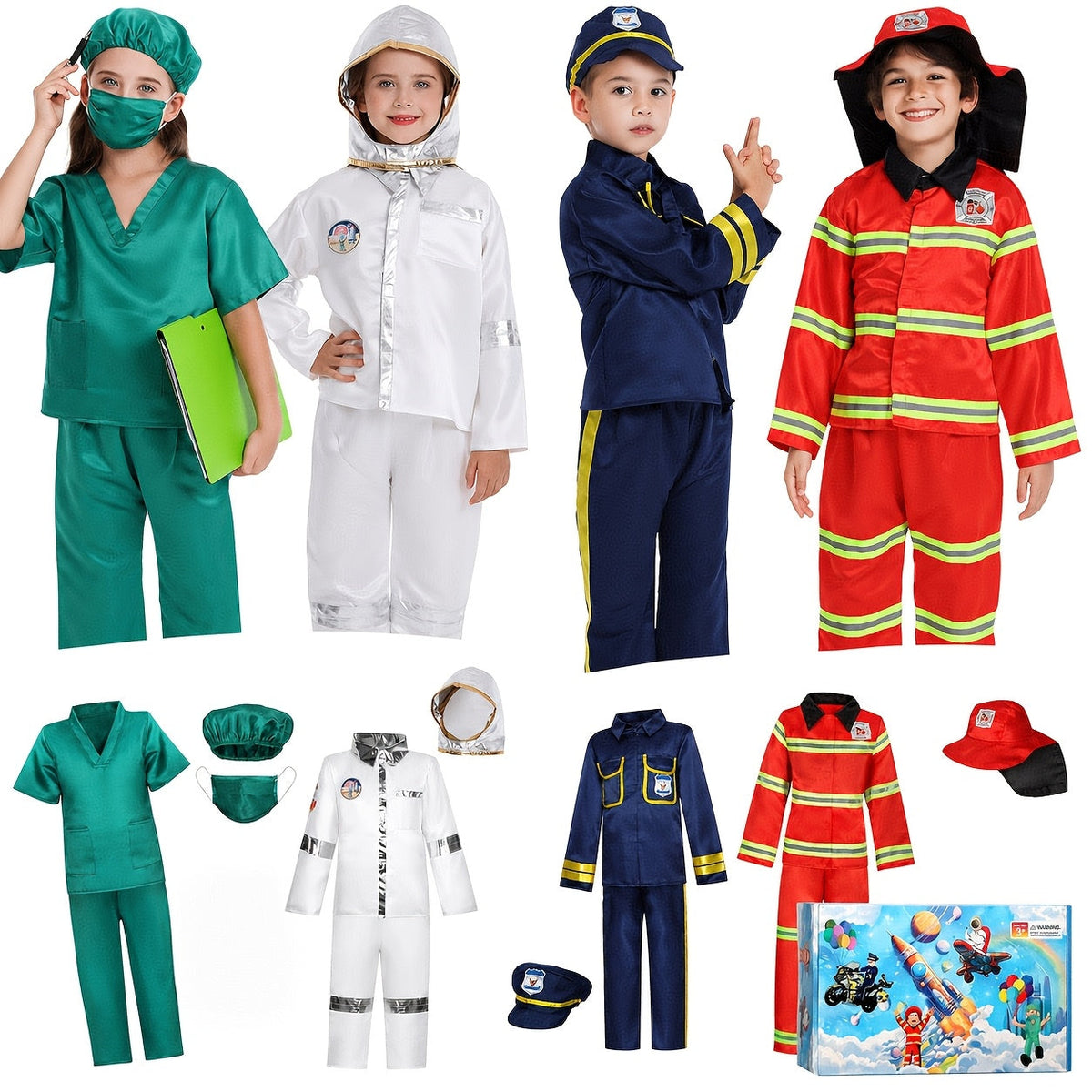 Kids Dress Up Costumes Set 4-in-1, Firefighter, Police, Astronaut & Doctor Role Play Clothes for Boys Girls Ages 3-6 — image 