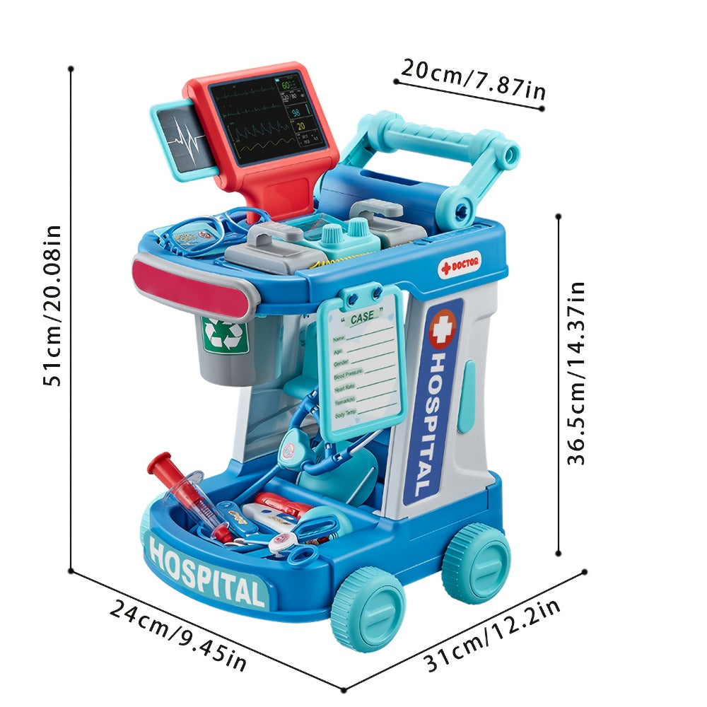 Kids Doctor Kit with Medical Cart Set, Movable Toy Trolley, Stethoscope, Thermometer & Accessories — image 2