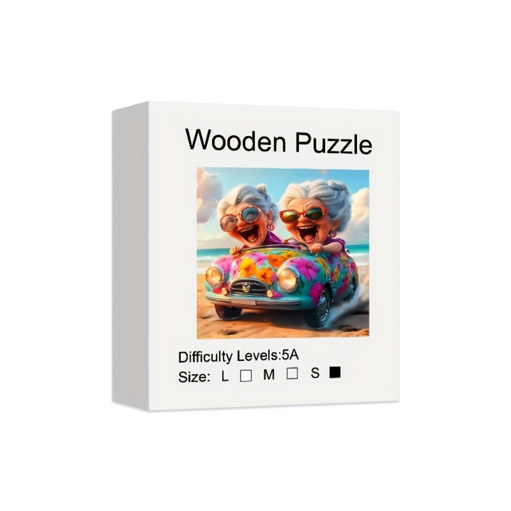 Happy Old Lady Wooden Jigsaw Puzzle with Irregular Pieces and 5.7 or 11.2 Inch Checkout Size Options — image 5
