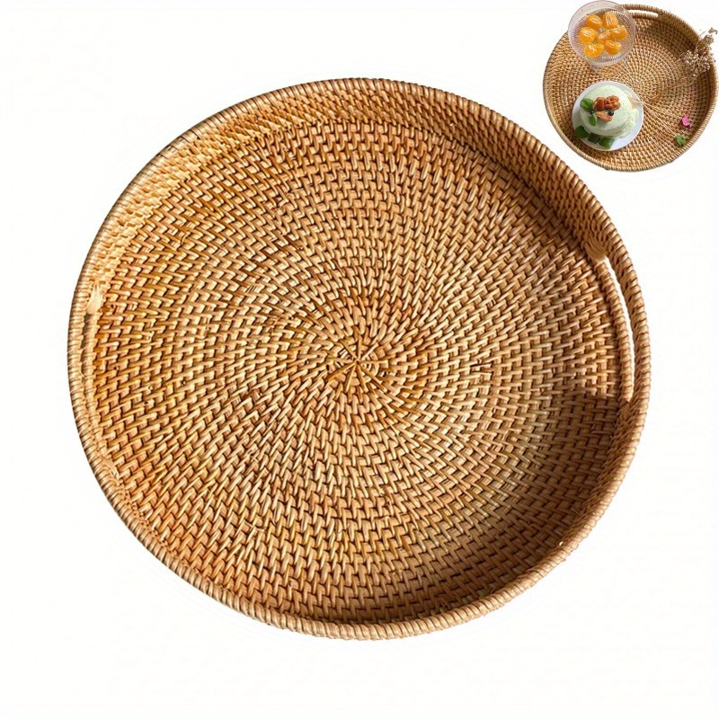 Serving Tray Basket – Hand-Woven Round Rattan Organizer for Fruits Bread Snacks, for Home Cooking, Dining and Outdoor Meals —