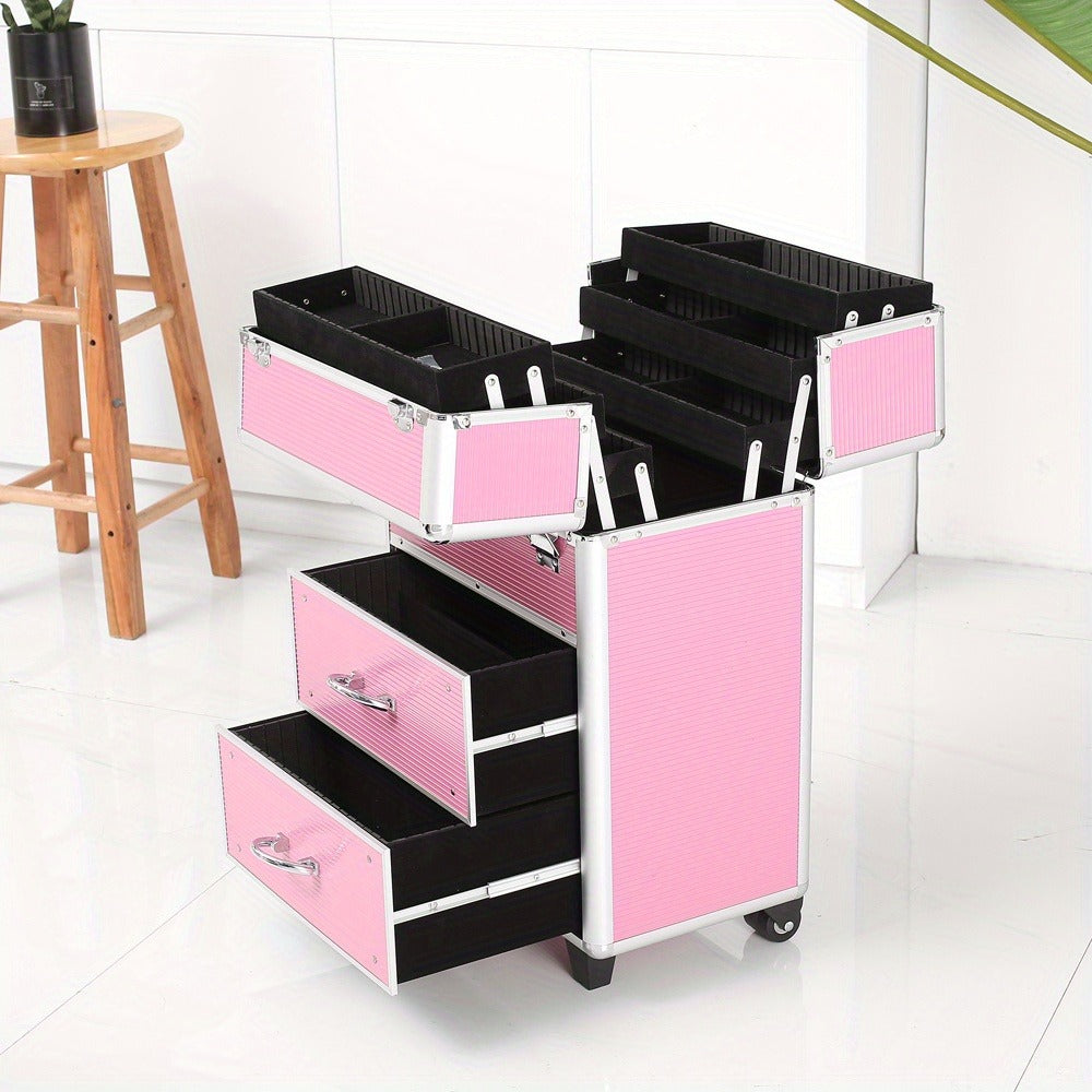 Pink Four-Tier Rolling Makeup Train Case with Fold-Out Top Trays, Two Drawers and Telescoping Handle — image 3