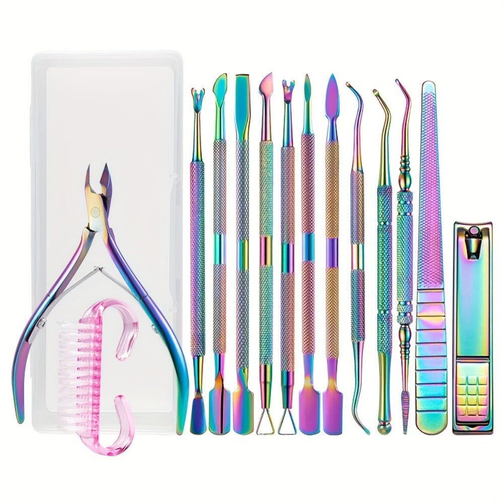 Nail Tech Kit 15pcs Professional Stainless Steel – Cuticle Nipper & Pusher Nail File Gel Polish Remover Complete Manicure Ped