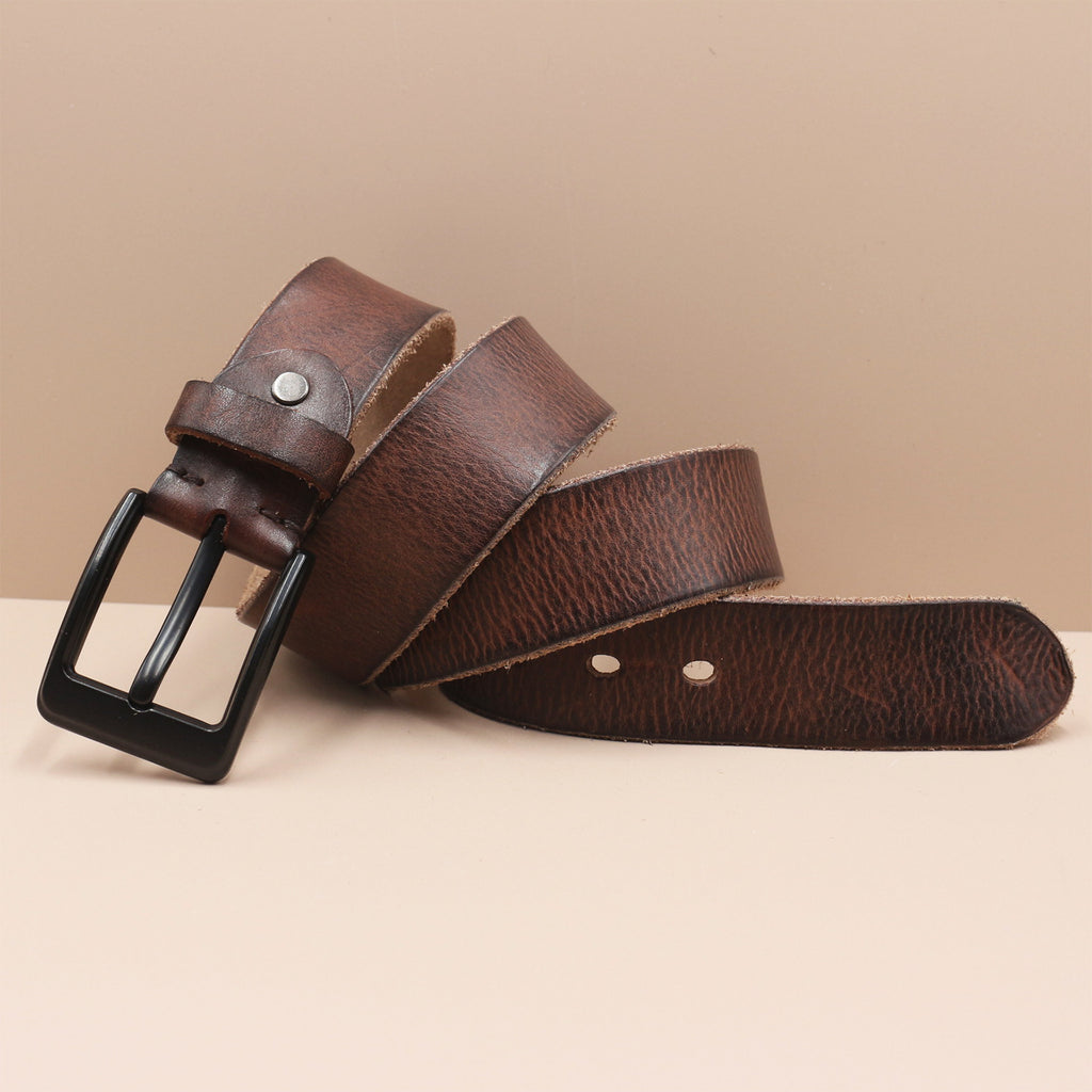 Korean Style Personality Top Layer Leather Pin Buckle Black Buttons Men's Leather Belt