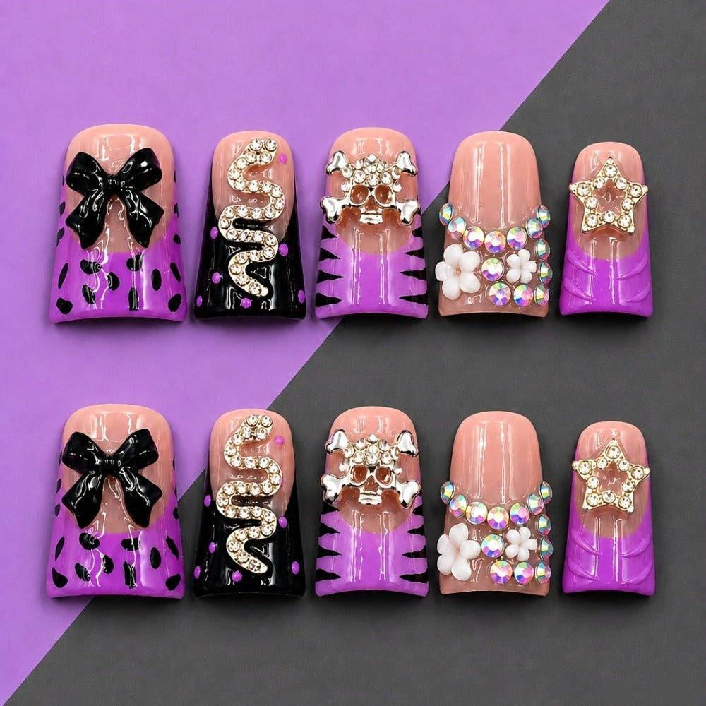 Press On Nails 10-Piece Handmade Short Duckbill Leopard Skull Rhinestone Acrylic Set with Tools — image 4