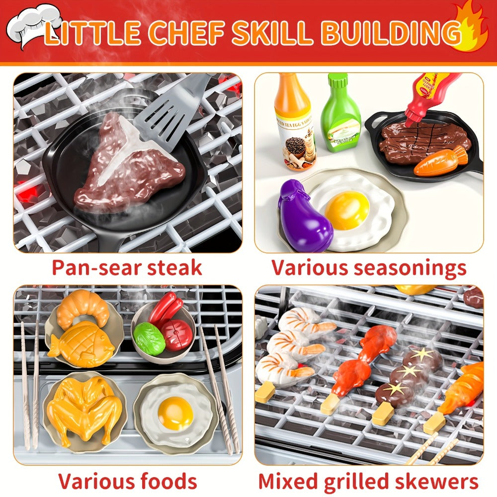 Kids BBQ Grill Playset Two-Tier for Grilling, Camping and Outdoor Meals with Toy Food Meats Fruits Spices & Working Water Tap