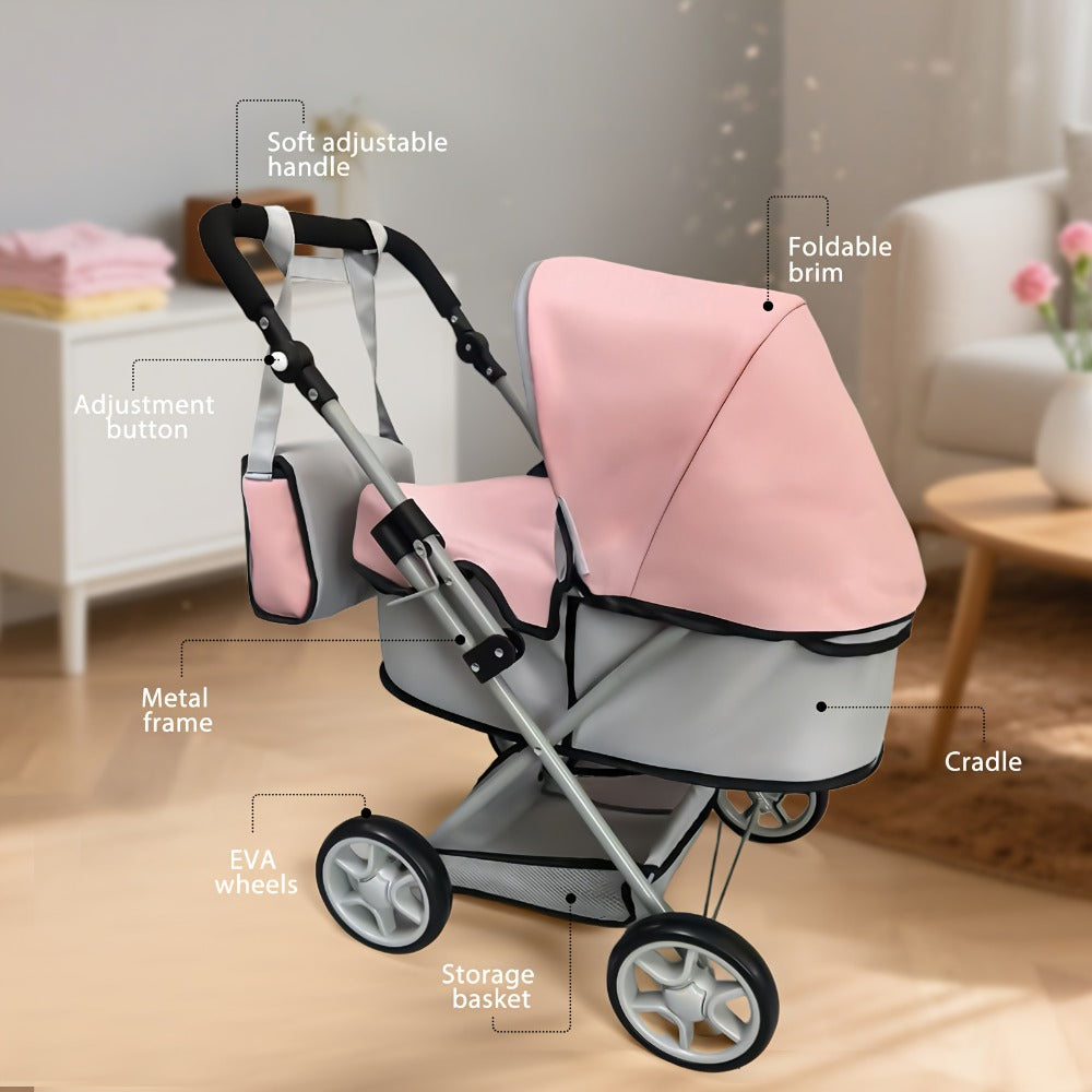Foldable Doll Stroller with Adjustable Handle 39-68cm, Grey & Pink Baby Doll Pram for 16-20 Inch Dolls — image 5