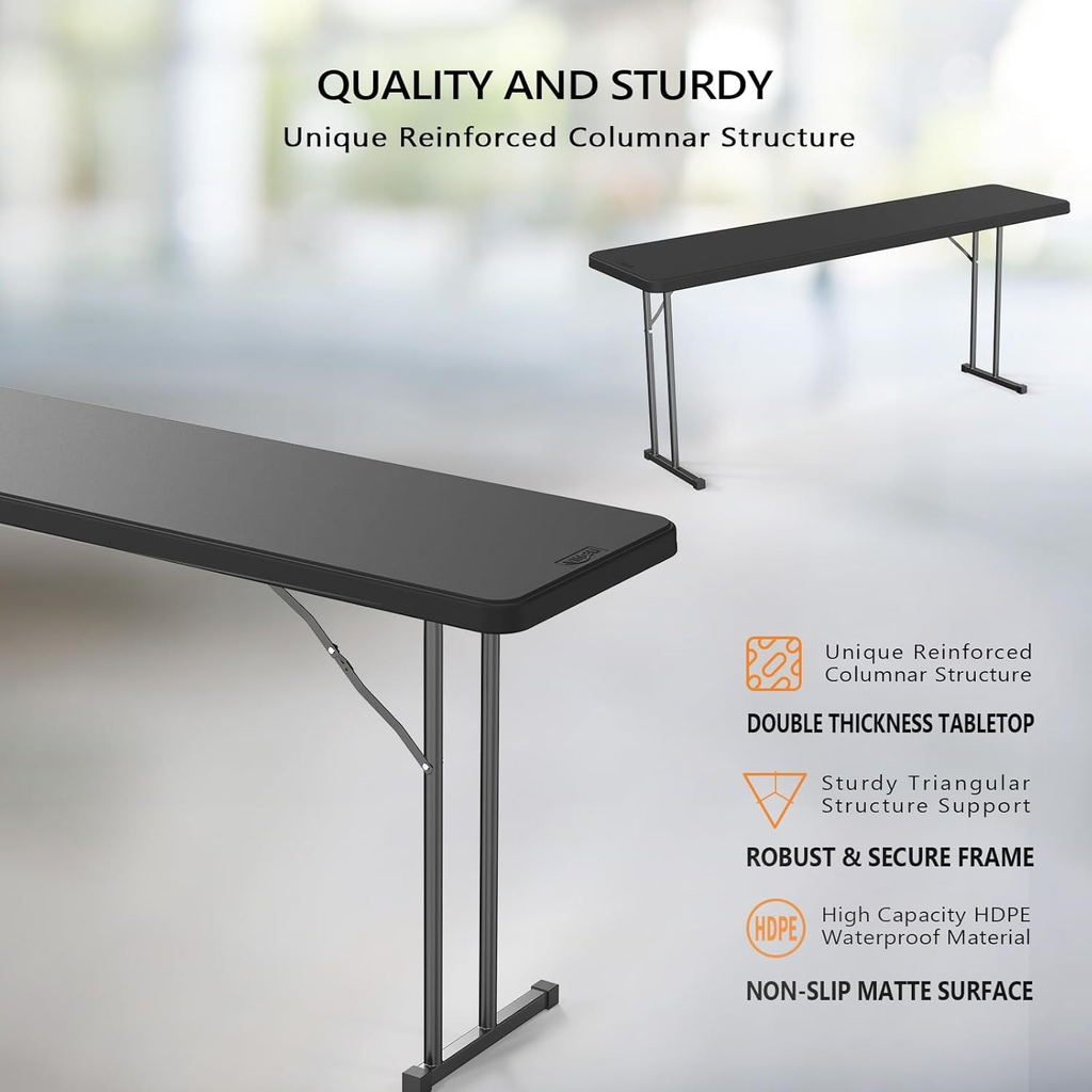 Narrow White 6-Foot Portable Folding Table with Rectangular Top and Folding Gray Leg Frame — image 10