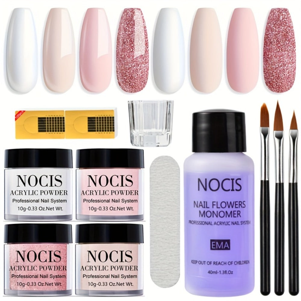 Acrylic Nail Kit NOCIS Four 10g Light Neutral Powders with Liquid Monomer, Three Brushes, File and Mixing Cup — image 11