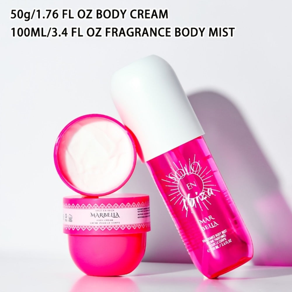 Body Hair Fragrance Mist Gift Set 2-Piece SOLO EN IBIZA Perfume Mist Body Cream Vanilla Fruit for Bath Time, Home Spa and Per