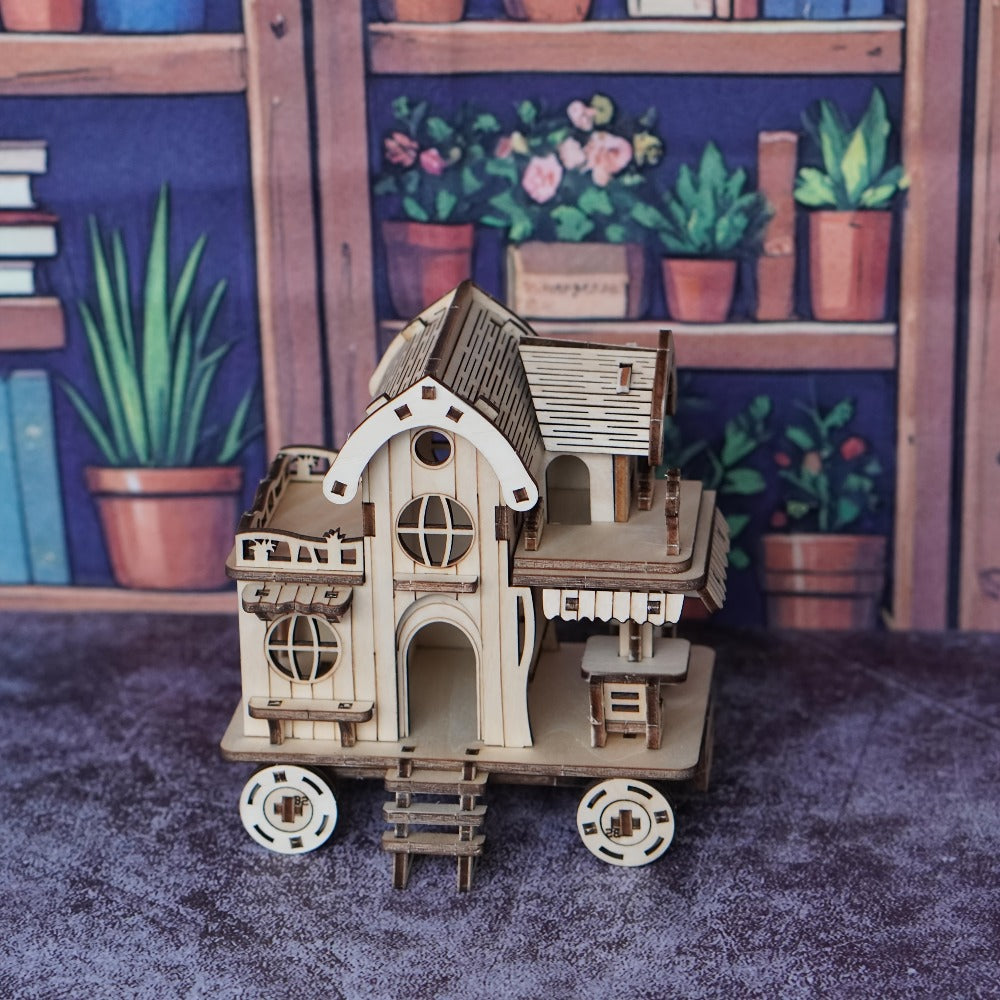 3D Wooden Puzzle Mobile Home on Wheels – DIY Café Bar Model Kit, Handcrafted Miniature House Assembly, Unique Desk Decoration