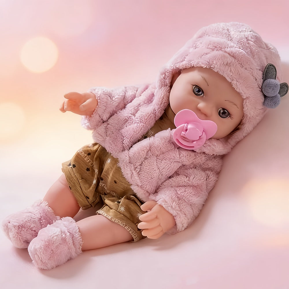 Pink Baby Doll with Open-Eye Face, Pacifier and Textured Outfit Across Three Checkout Style Labels — image 4