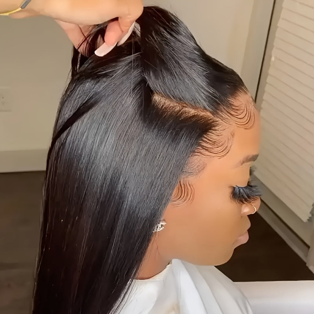 Wig Bone-Straight Glueless Human Hair in Natural Black, 10-34 Inch Options with Pre-Cut 6x4.5 Lace — image 6