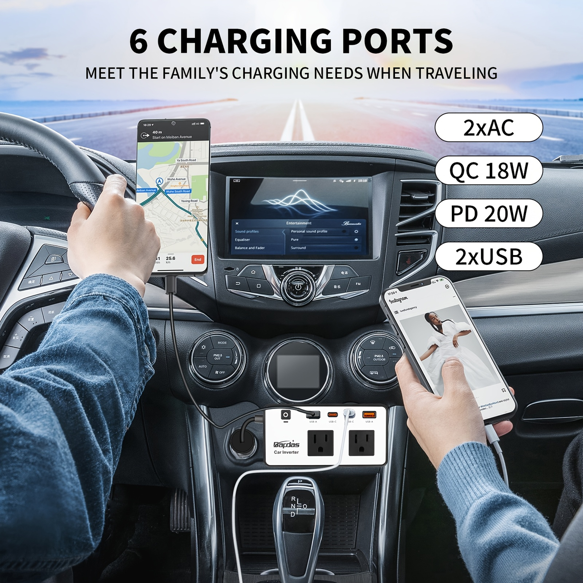 Car Inverter 200W DC 12V to AC 110V with Dual AC Outlets 24W USB-C Fast Charging 4 USB Ports Portable for Garden, Patio and Y